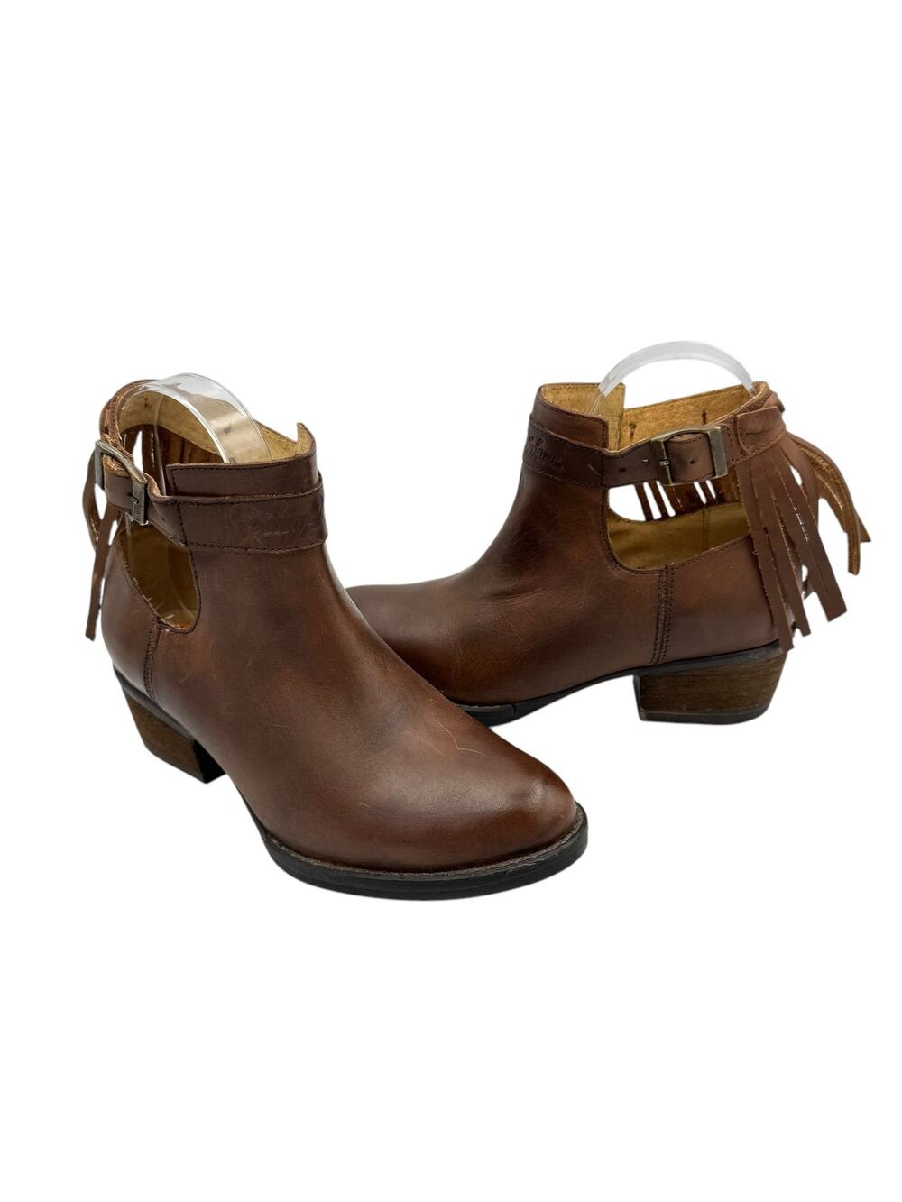 Harley Davidson Amory Brown Leather Fringe Cut Out Boho Moto Ankle Boots Booties